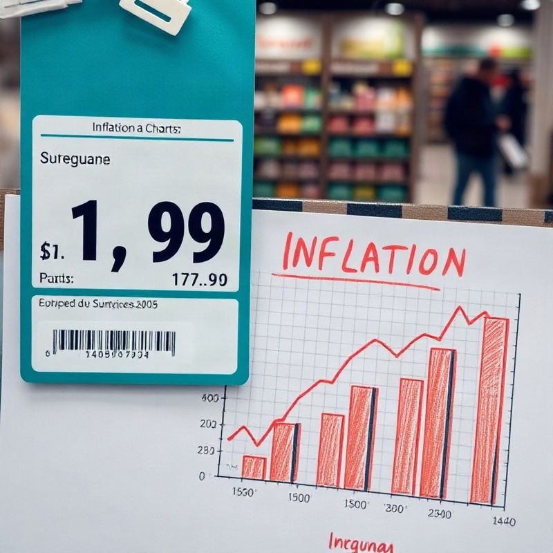 Etiqueta de precio de supermercado junto a un gráfico dibujado a mano de la inflación