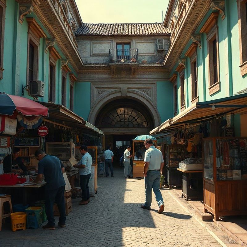 Plaza de mercado en una ciudad del interior de Uruguay con trabajadores en los puestos